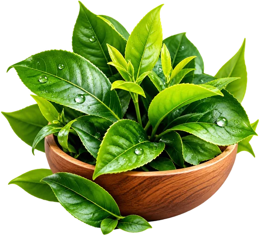 Daun teh hijau segar dalam mangkuk kayu
